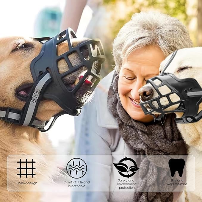 Dog Muzzle, Breathable Basket Muzzles for Small Medium Large Sized Dogs, Adjustable Humane Cage Mouth Cover for Scavenging Grooming Biting Chewing, Allows Panting and Drinking(Soft Rubber, L)