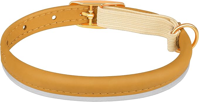 OOPSDOGGY Rolled Leather Cat Collar with Bell - Reflective Kitten Collar with Safety Elastic Strap - Adjustable Small Pet Collars for Boy Girl Cats (Camel)