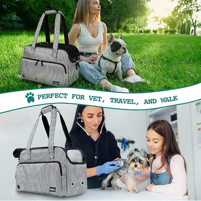 PetAmi Small Dog Purse Carrier, Soft-Sided Pet Carrier Bag with Pockets, Portable Puppy Cat Travel Handbag Tote, Airline Approved Breathable Mesh, Poop Bag Dispenser, Max 18 lbs, Stripe Black