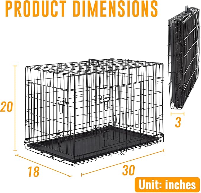 FDW Dog Crate for Medium Dogs 30 Inch Folding Metal WirePet Cage Double Door W/Divider Panel Indoor Outdoor Kennel Leak-Proof Plastic Tray,Black