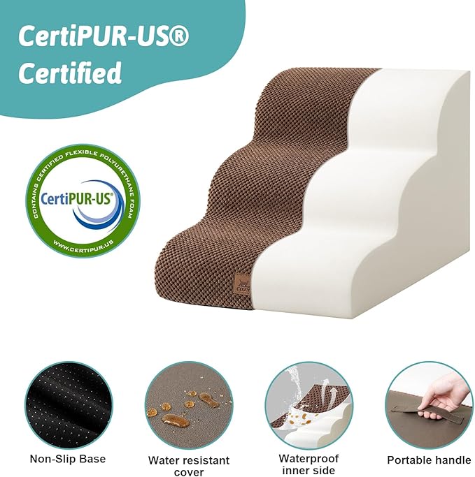Dog Stairs for Small Dogs 15.7" H, Curved Dog Step for Puppy, Older Cat, Medium Pet Ramp for Sofa, Couch or Chair, Ladder with High Density Foam, 15.7x22.4x15.7 inch, 3 Step, Brown