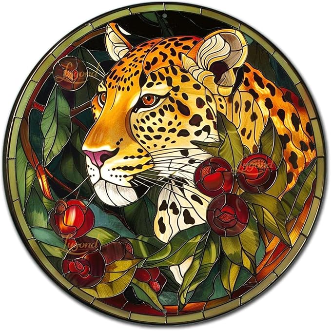 Lygond Metal Sign Tin Sign Circular Stained Glass Leopard Bathroom Signs For Home For Club 12×12 Inches