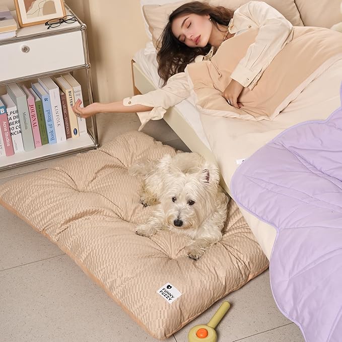 FUNNY FUZZY 2 in 1 Dog Bed Crate Pad Mat, Washable Reversible Pet Floor Mats,Fluffy Kennel Pad for Small Large Sized Dog,Indoor Cats,Sleeping Mattress, 41.7" × 28.3", Beige