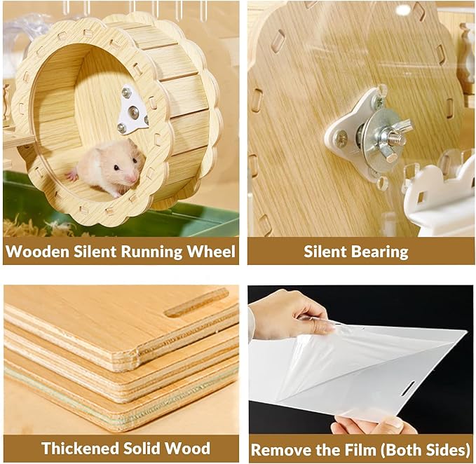 Cycodo 8 in 1 Acrylic Hamster Cage,2-Tier Dwarf Hamster Cage with Wooden Wheel & Hideout,Small Hamster Habitat with Accessories,Clear Pet Mice House(Green,14" L*10" W*11" H)