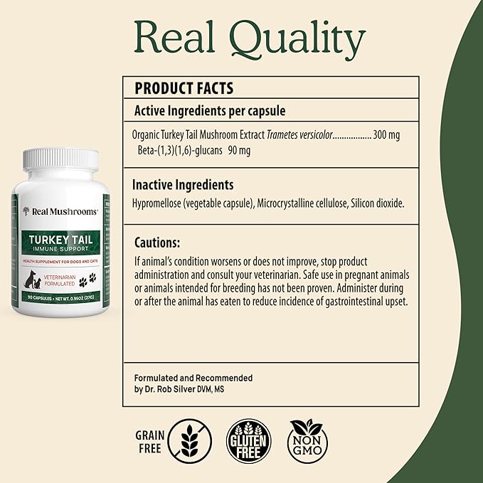 Real Mushrooms Turkey Tail Capsules for Pets –Cat Probiotics & Dog Vitamins – Organic Mushroom Supplement for Dogs & Cats – Supports Daily Balance & Well-Being Non-GMO, 90 ct