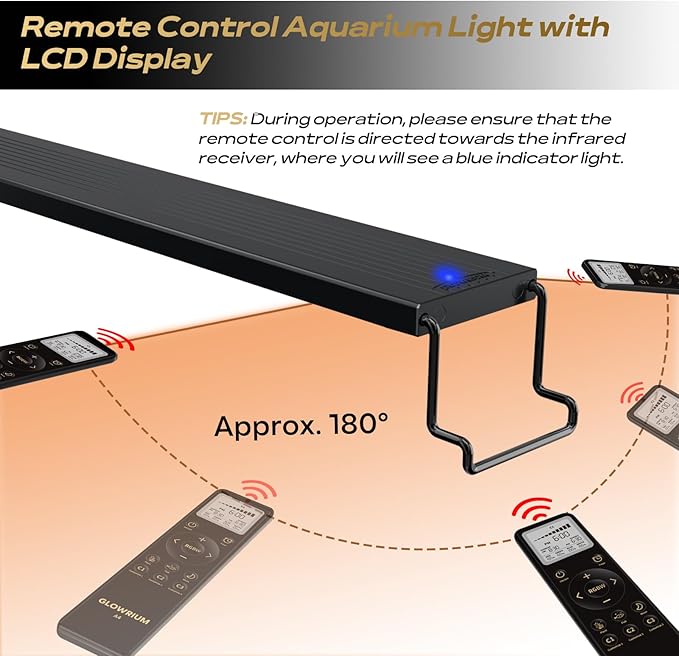 GLOWRIUM LED Aquarium Light with Remote, Full Spectrum Fish Tank Light with Auto Timer, IP67 Waterproof Freshwater Planted Tank Light, Dimmable RGB+W+Moon LEDs with High Performance (36W 48-53inch)