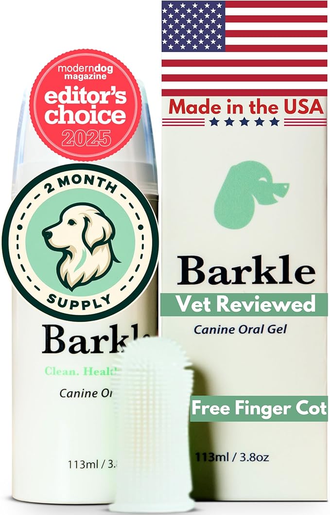 Barkle Vet Approved Dog Teeth Cleaning Toothpaste & Tooth Brushing Kit | Eliminate Plaque, Tartar & Bad Breath | Mint Dog Breath Freshener Gel | Puppy & Small Breed Safe | Free Finger Brush (60 Days)