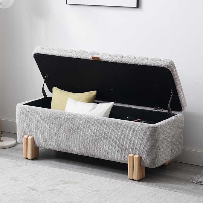 Kmax 45" Storage Bench Velvet Entryway Bench Upholstered Ottoman Bench with Wavy Top & Safty Hinge for Bedroom Living Room Hallway, Grey
