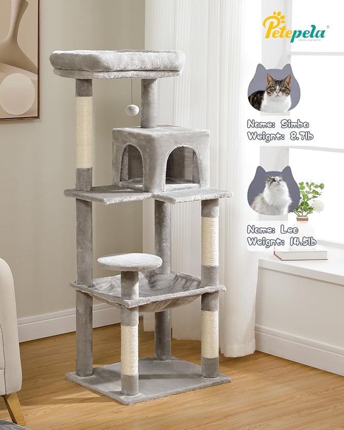 PETEPELA 56.3'' Tall Cat Tree for Indoor Cats, Multi-Level Cat Tower with Super Large Hammock (20''X16''), Sisal Covered Scratching Posts, Cozy Condo and Top Perch Grey