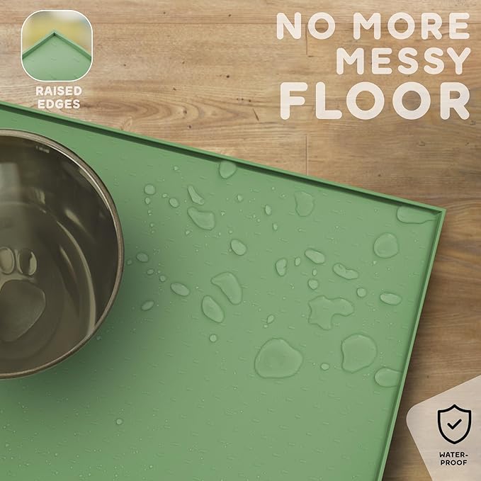 Dog Food Mat - 28x18 Raised Edges Dogs Mat for Food and Water Prevent Spill, Waterproof Cat Food Mats Protect Floors, Easy Clean Dog Bowl Mats for Food and Water, Silicone Pet Feeding Placemats Green