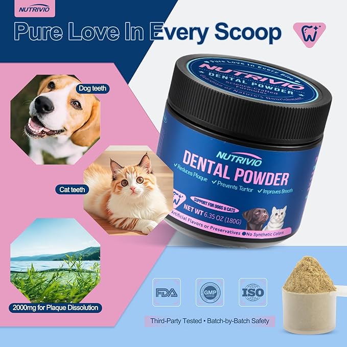 Dental Powder for Dogs & Cats - 5 Strains of Probiotics with 10B CFU, Natural Ingredients for Plaque & Tartar Control, Fresh Breath Oral Care,Safe for All Breeds & Ages Pets - 6.35oz(180g)