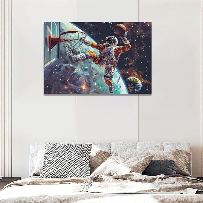 Quorin Astronaut Wall Art Funny Spaceman Basketball Pictures Space Galaxy Planet Wall Decor Canvas Print Painting Artwork for Bathroom Living Room Bedroom 16"x24"