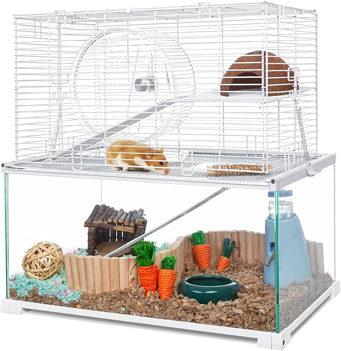 OIIBO 3 Tiers Large Hamster Cages Glass, Heightened Wire Topper with Two Shelf and Two Ladders Ramps, Openable Top, Easy to Clean Removeable Waterproof PVC Tray Medium