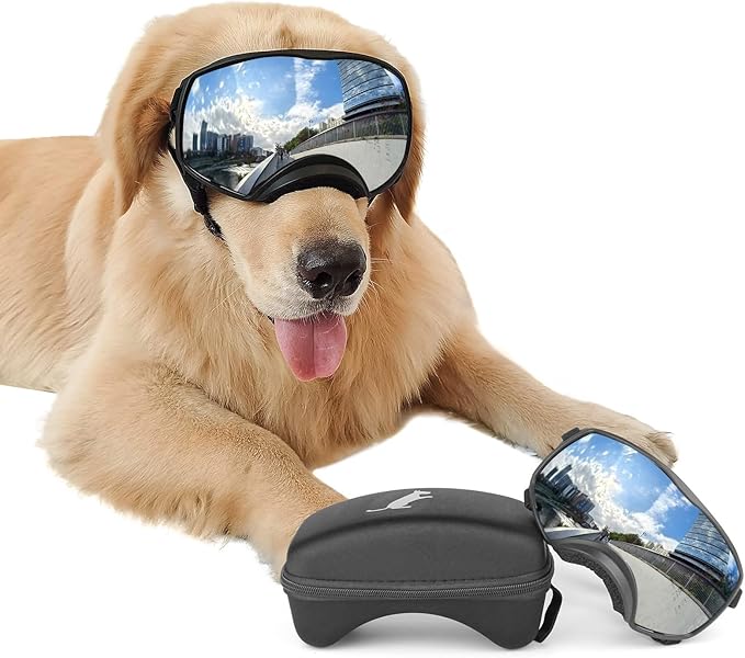 NAMSAN Dog Goggles for Large Dogs, Wide Eyecup & Soft Frame, Anti-UV Sunglasses for Dogs Medium to Large Breed, Driving Dog Eye Protection, Windproof Dustproof, Adjustable, Reflect Silver Lens