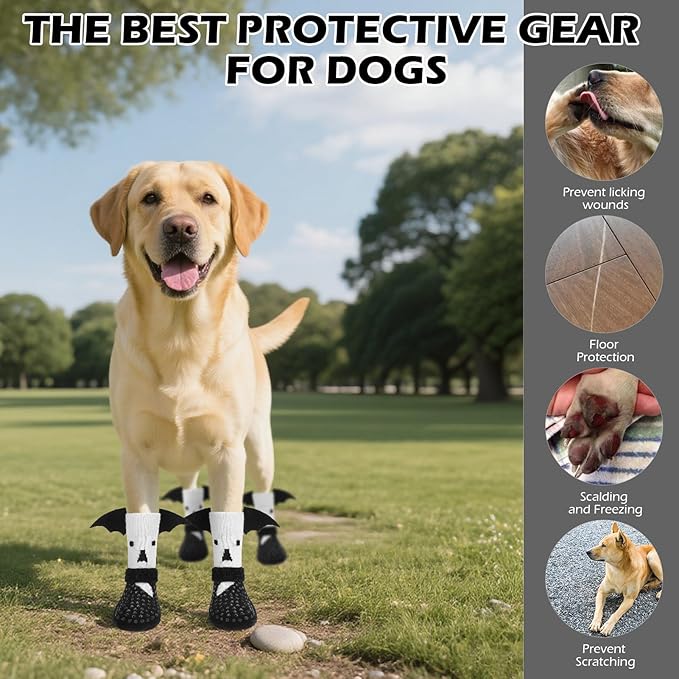 EXPAWLORER Halloween Anti Slip Dog Socks to Prevent Licking Paws, Boots & Paw Protectors with Grippers,Doggie Booties for Hardwood Floors for Small Medium Large Senior Dogs Costume White Ghost Wings L