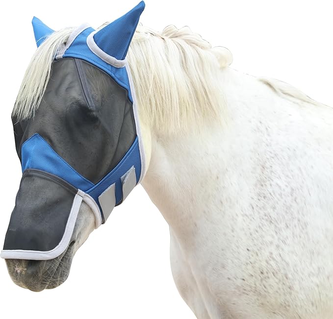 Horse Fly Mask with Ears & Long Nose Cover | Forelock Opening for Tangle-Free Mane Care | UV Protection & Breathable Mesh | No Rub Fit and Enhanced Visbility for Trail Riding RoyalBlue Pony