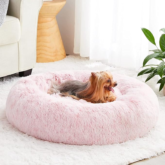 WNPETHOME Calming Dog Bed & Cat Bed Donut, Faux Fur Self-Warming Donut Cuddler, Comfortable Round Plush Pet Beds (27 x 27 x 8 Inch, Light Pink)