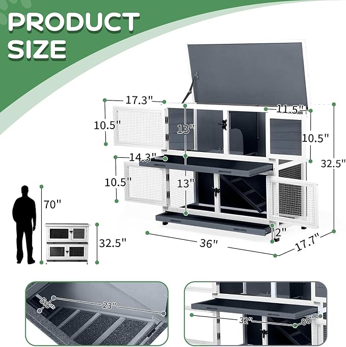 2 Story Solid Wood Rabbit/Bunny Hutch with 2 Large Main Rooms, Indoor Outdoor Rabbit House Guinea Pig Cage Pet House for Small Animals with Ventilation Door Removable Tray Waterproof Roof (Grey)