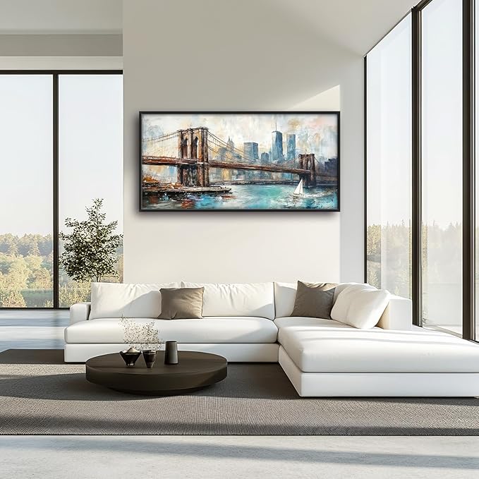Extra Large Framed Brooklyn Bridge Wall Art,New York City Wall Decor,Abstract Skyline Cityscape Pictures for Living Room,Canvas Print Painting Modern Artwork Bedroom Office Bathroom 60L x30W