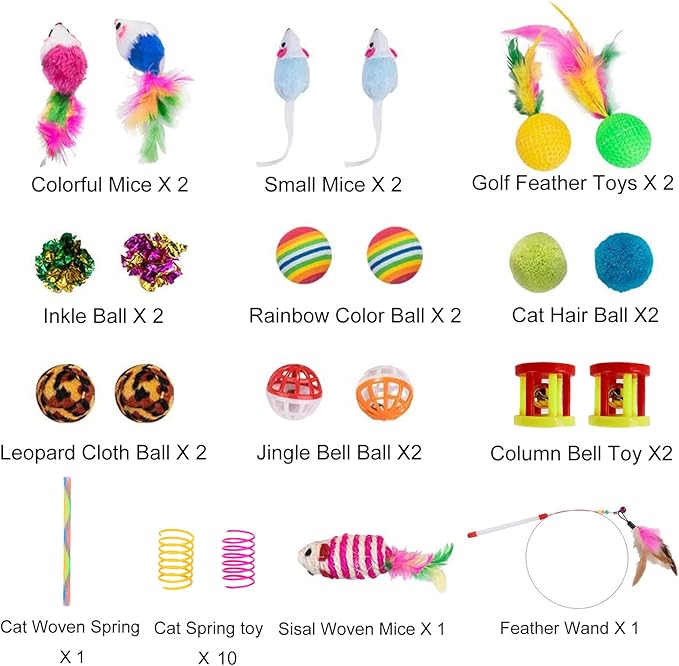 32Pcs Cat Toys Kitten Interactive Pet Toys Assortments, Foldable Rainbow Tunnel, Cat Feather Teaser Wand Interactive Feather Toy Fluffy Mouse Crinkle Balls Bell Play for Cat Puppy Kitty Kitten(2 way)