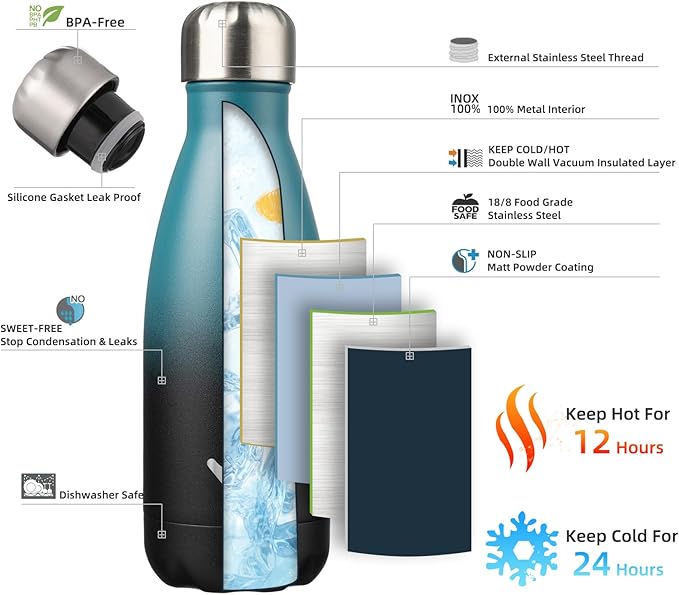 Insulated Water Bottles,12 oz Double Wall Stainless Steel Vacumm Metal Flask for Sports Travel,Indigo Black