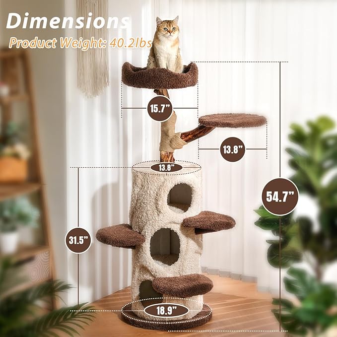 54.7'' Modern Cat Tree for Indoor Cats Large Adult, Wood Cat Tree with 3 Spacious Condos, Luxury Cat Tower with Cozy Perch, Scratching Post, Sturdy Kitty House Furniture for Small Medium Large Cats