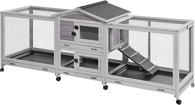GUTINNEEN Rabbit Hutch Guinea Pig Cage with Double Run Indoor Bunny Hutch Outdoor Rabbit House with Deeper No Leak Trays and Wheels
