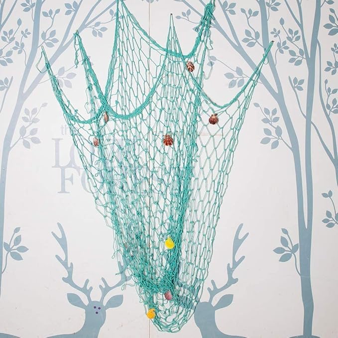 Nature Fish Net Wall Decoration with Shells, Ocean Themed Wall Hangings Fishing Net Party Decor for Pirate Party,Wedding,Photographing Decoration (2pack-Beige/Aqua)