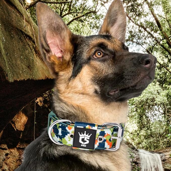 TSPRO Tactical Dog Collar 1.5 Inch Wide Thick Dog Collars with Heavy Duty Metal Buckle, Durable, Strong, Adjustable for Medium to Large Dogs (Camo Green L)
