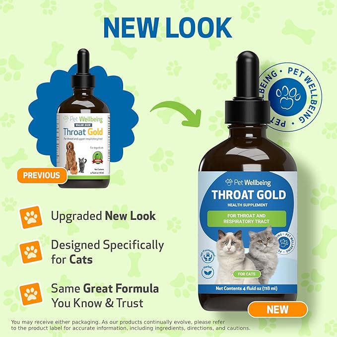 Pet Wellbeing Throat Gold for Cats - Supports Throat Comfort, Upper Respiratory Health, Occasional Throat Hoarseness, Slippery Elm, Mullein - Veterinarian-Formulated Herbal Supplement 4 oz (118 ml)