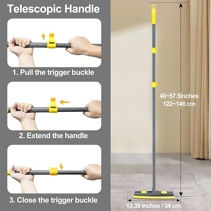 NEWE Rubber Pet Hair Removal Broom with Lint Fur Remover Tool, 57.5 inches Long Handle Silicone Carpet Brush Rake with Built-in Squeegee for Cleaning Rug, Tile, Floor (Gray Yellow)