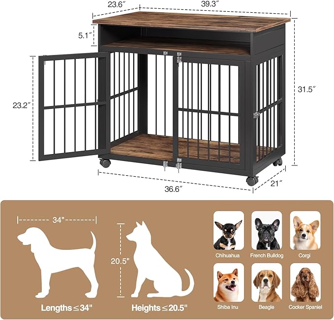 39.4" Dog Crate Furniture for Medium and Large Breed, Dog Kennel Furniture with Storage Shelf & Lockable Wheels, Heavy Duty Wooden End Side Table Pet Cage Indoor, Chew-Resistant, Brown
