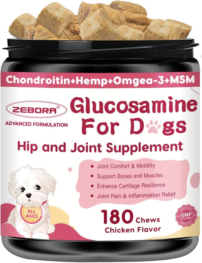 Glucosamine for Dogs - Joint Supplement for Dogs with Chondroitin, MSM, Omega 3, Hemp, Turmeric for Dog Joint Pain Relief, Dog Joint Supplement with Calcium Support Cartilage & Bone Health, 180 Chews