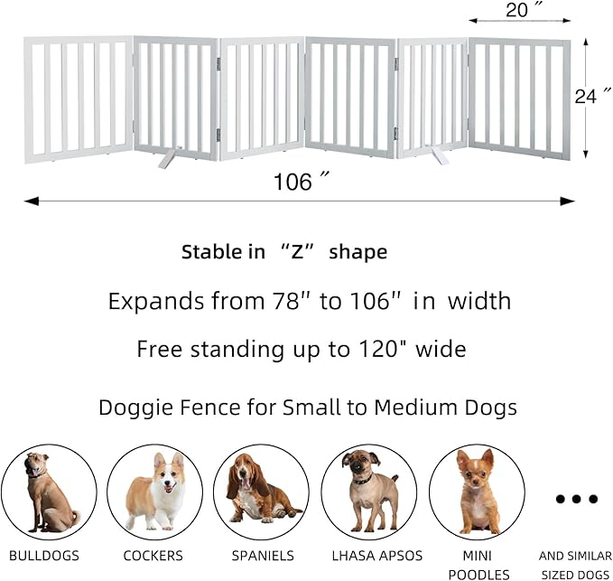 ZJSF Freestanding Indoor Dog Gate for House Foldable Wood White Puppy Gate for Doorways Pet Gate for Stairs Extra Wide Pet Fence 24" Height 6 Panels