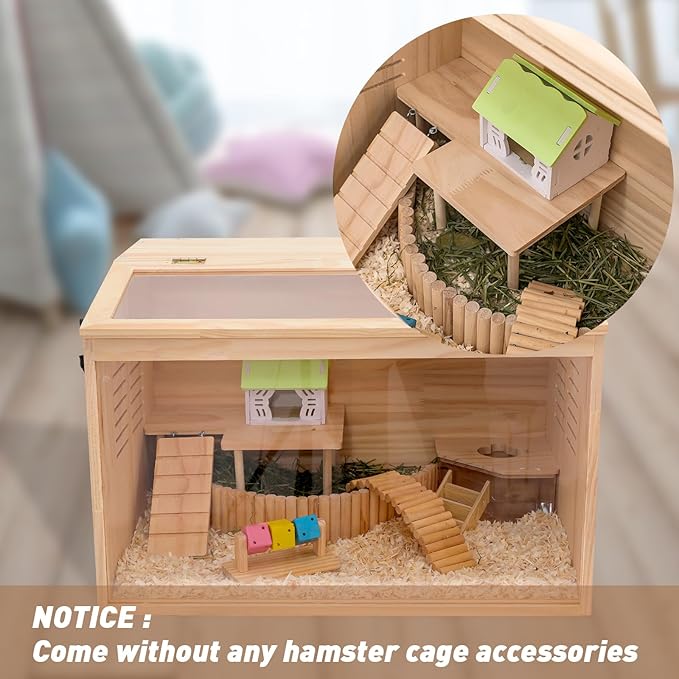 Wooden Hamster Cage,24" Lx16 Wx16 H,Animal Cabinet for Dwarf Syrian Hamsters Degus, Hamster Habitat with Openable Top and Large Acrylic Sheets.