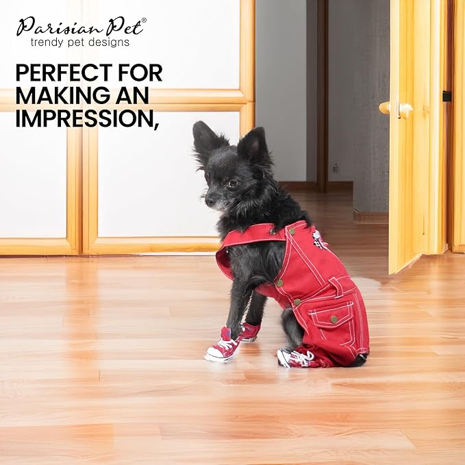 Parisian Pet Denim Overall - Embroidered 'Route 66' Red Jumpsuit - Breathable Costume - Machine Washable Outfit - Overalls for Large Dogs - L