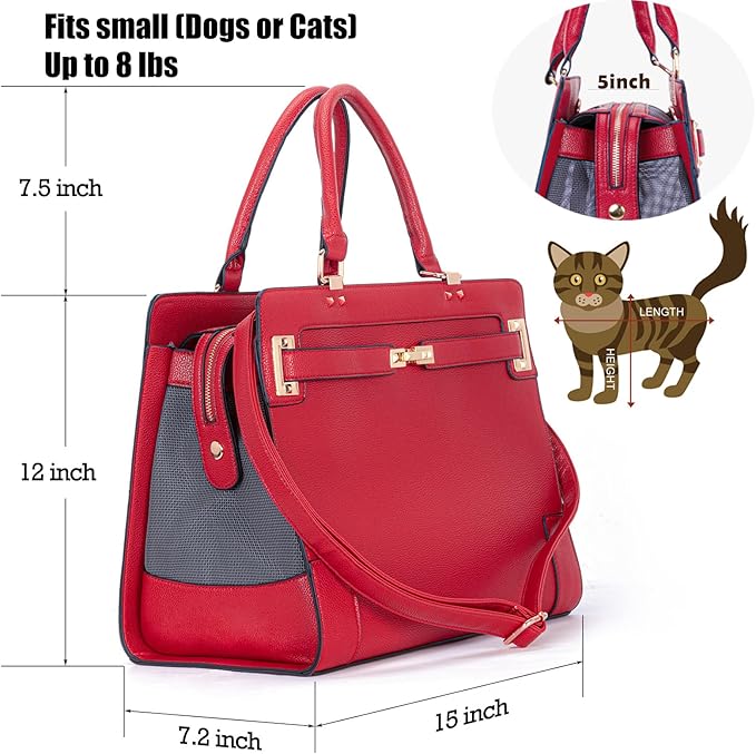 Fashion Pet Carrier Dog Cat Carrier Purse Soft-Sided Leather Handbag Pet Tote Bag for Small Dogs Puppy and Cats TSA Airline Approved (Red)