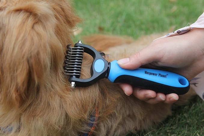 Maxpower Planet Pet Grooming Brush - Double Sided Dematting Undercoat Rake for Dogs and Cats, Extra Wide Pet Brush to Reduce Shedding by 95% (Blue, S)