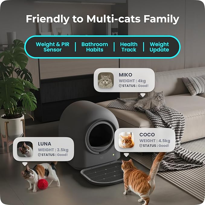 TYPro Self Cleaning Cat Litter Box Automatic Hands-Free Smart Robot self Cleaning Cat Litter Box for Multiple Cats with APP Control Safe with Litter Mat Waste Bags and Deodorizer Dark Grey