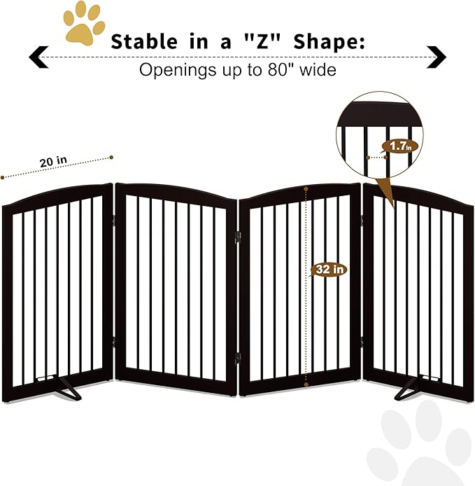 Freestanding Pet Gate for Dogs, Indoor Wooden Foldable Dog Gate for House, Doorway, Stair, 80 Inch Wide, 4 Panels 32",Brown
