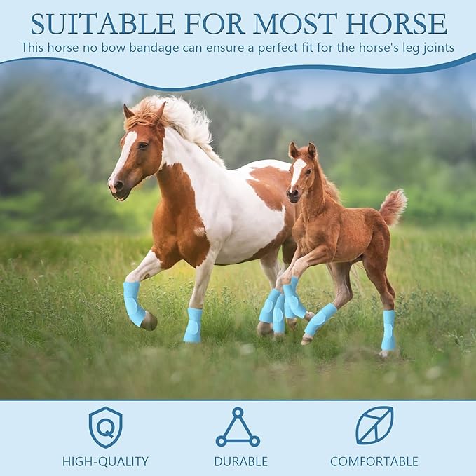 Set of 4 Horse No Bow Bandage 3D Contoured Standing Wrap Bandages Stable Nylon Horse Leg Wraps for Helping Prevent Horse from Tendon Damage and Keep Horses Clean and Safe(Light Blue)