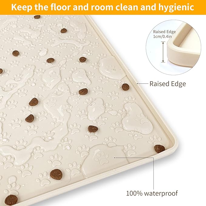 Ptlom Pet Placemat for Dog and Cat, Waterproof Non-Slip Silicone Feeding Bowl Mat Prevent Food and Water Overflow, Puppy Dish Feeder Fountain Trays Suitable for Medium and Small Pets, Beige