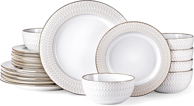 GBHOME Ceramic Dinnerware Sets,18 pcs Embossed Elegant Stoneware Plates and Bowls Sets, Housewarming Wedding Gift | Dishwasher & Microwave Safe | Dishes Set Service for 6