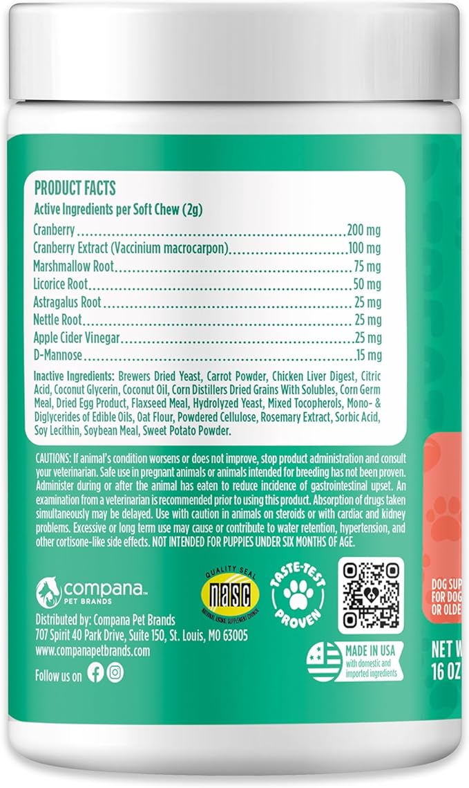 Doggie Dailies Cranberry Supplement for Dogs - Urinary Tract, Bladder & Kidney Support for Dogs - Cranberry for dogs with Marshmallow Root, Licorice Root & Apple Cider Vinegar (Chicken) 225 Soft Chews