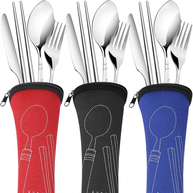 3 Pack Reusable Flatware Sets Knife, Fork, Spoon, Chopsticks, 12Pcs Portable Travel Stainless Steel Tableware Dinnerware with Carrying Case