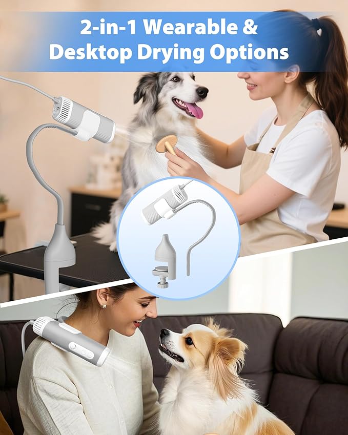 2-in-1 Hands-Free Dog Hair Dryer with Table Clamp – Low Noise Pet Grooming Dryer for Dogs & Cats, Adjustable Heat & Speed, Wearable or Desktop Use(Gray)