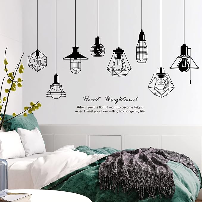 Removable 8pcs Hanging Black Vinyl Chandeliers Wall Sticker Quotes Heart Brightened Wall Decal DIY Peel and Stick Decor for Kids Boys and Girls Bedroom Living Room Studyroom Playroom Classroom