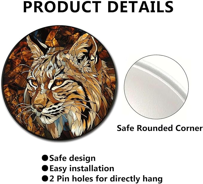 Lygond Metal Sign Tin Sign Circular Stained Glass Bobcat Signs for Garden for Patio 12×12 Inches