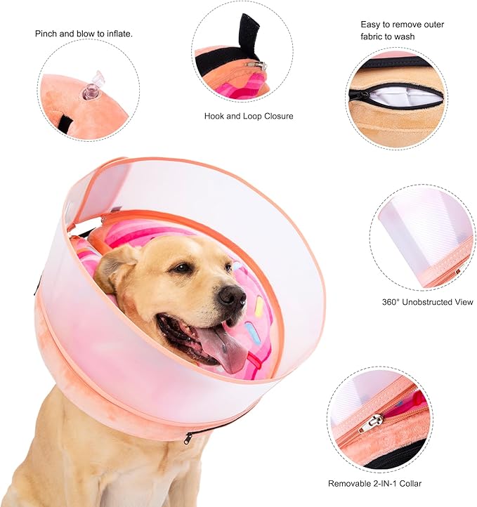 Inflatable Dog Cone Collar with Enhanced Anti-Licking, Soft Neck Donut for Dogs Cats, Recovery Pet Cone Collar After Surgery for Large Medium Small Dogs (Donut Pink2, X-Large)