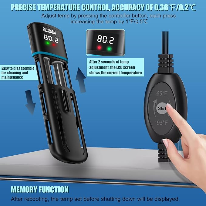 Electronic Aquarium Heater, 100W Small Fish Tank Heater, Adjustable Submersible Heater PID Temperature Control with LED Digital, Water Dry Automatic Shut Off for Fresh Seawater